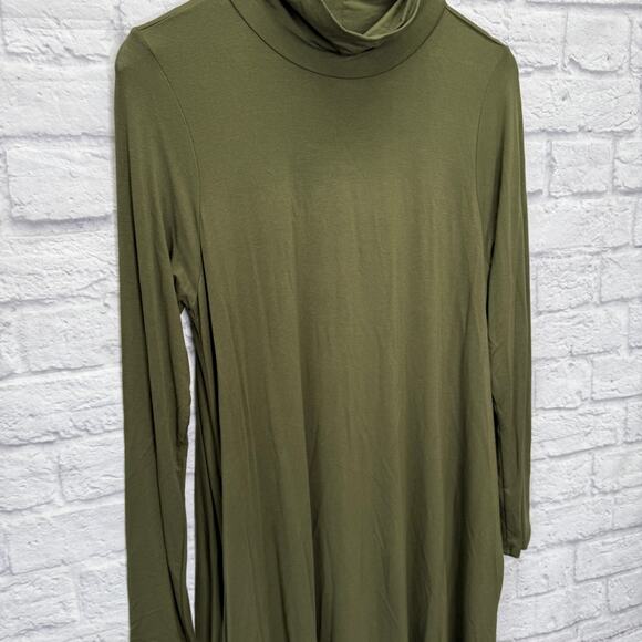 Karlie Mock Neck Solid Long Sleeve Dress Size L Olive Green Pockets New - Picture 2 of 6